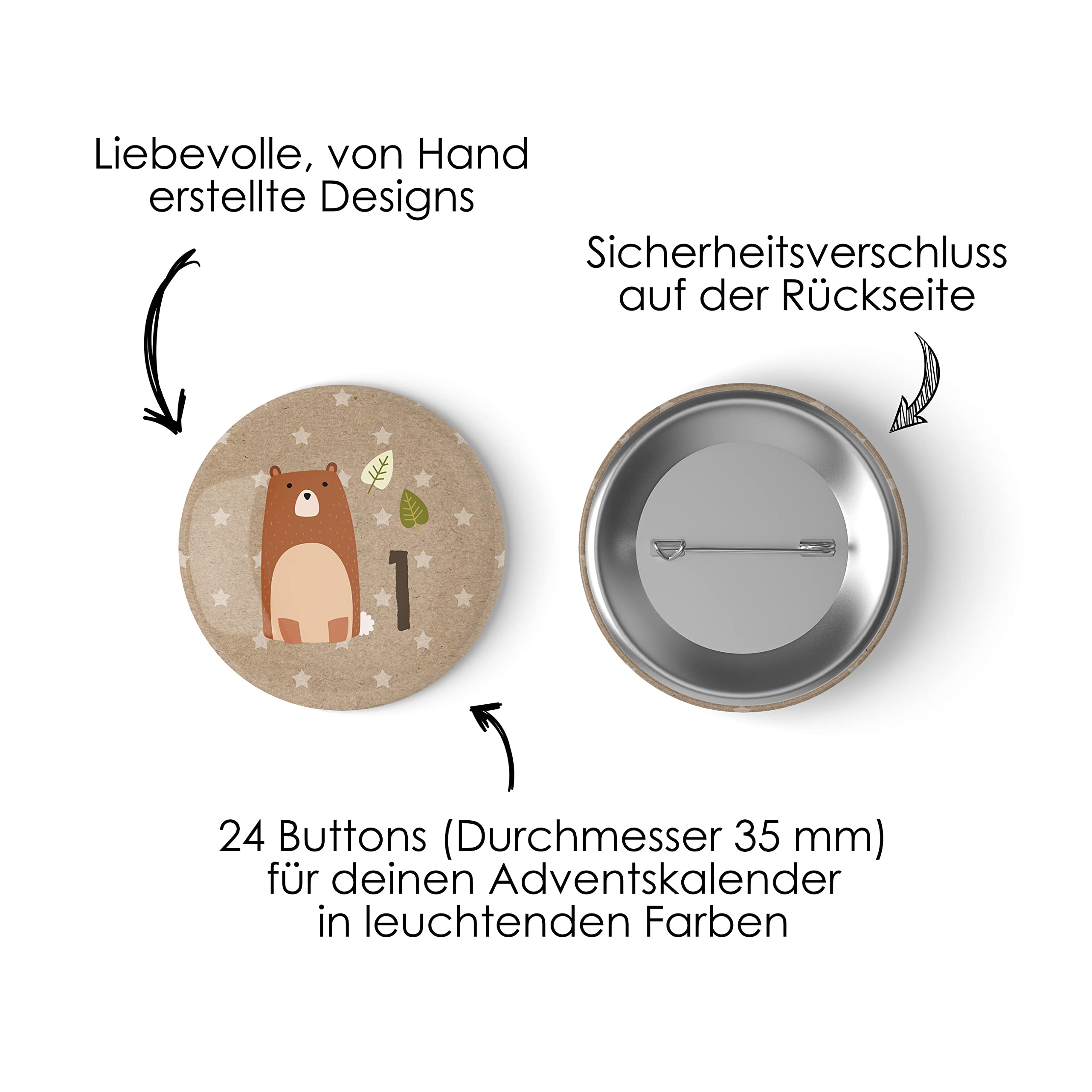 Papierdrachen 24 Advent Calendar Number Buttons 35 mm, Lapel Pins for Decorating Advent Calendars, with Numbers from 1-24 - Image 2