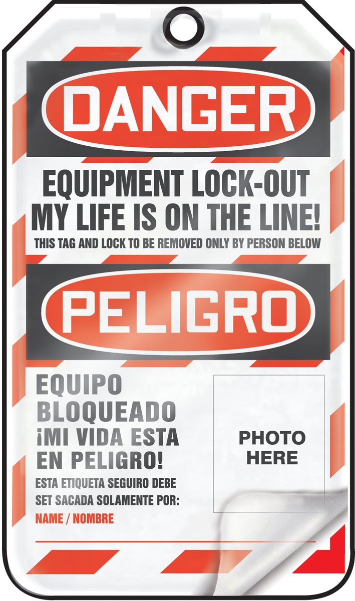 Accuform Lockout Tags, Pack 25, Bilingual Danger Equipment Lock-out My Life is on the Line, US Made OSHA Compliant Tags, Temperature & Water Resistant Self-Laminating RP-Plastic, 5.75"x3.25",TSP107LPP
