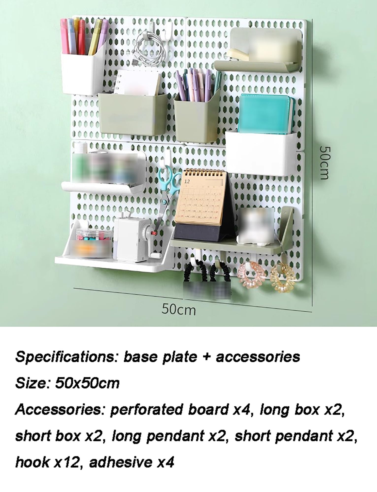 Regulowany organizer ścienny z tablicą Pegboard, oszczędność miejsca do małych pomieszczeń, akademików i biurek, zawiera haczyki, półki i akcesoria, kompaktowy, mleczny i żółty design