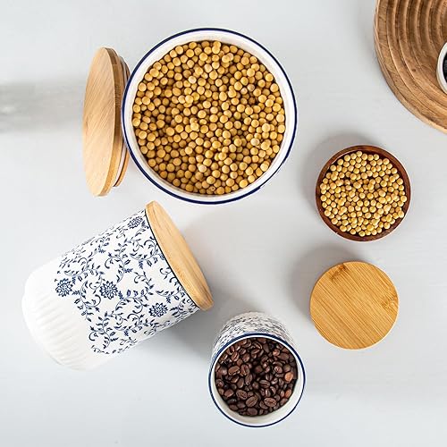 Miniatura 3 de Juego de recipientes para cocina, recipientes de cocina de cerámica para encimera con tapas de madera herméticas, recipientes de harina y azúcar