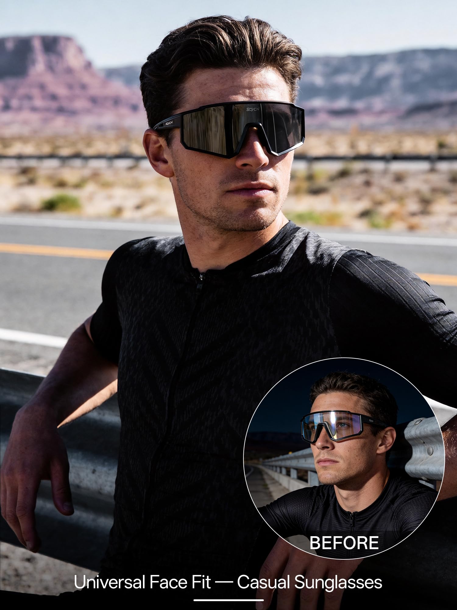 SCVCN Occhiali da ciclismo da uomo e donna, occhiali da bici avvolgenti da 31,6 g con lenti colorate o fotocromatiche e naselli fissi antiscivolo, protezione UV400 per strada, MTB, gravel e tragitto q - 2