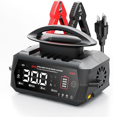 Cargador de batería de 30 amperios, 6 V12 V24 V de plomo-ácido, litio, cargador de batería inteligente LiFePo4, cargador portátil de pantalla