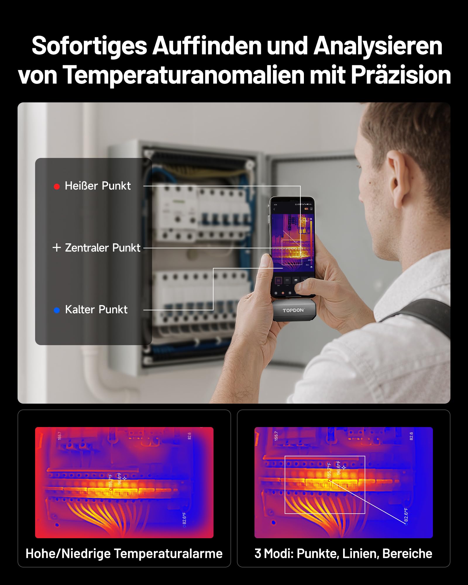 TOPDON Wärmebildkamera TC002C Duo für iPhone/Android, 512x384 Superauflösung 256x192 IR-Auflösung, -20°C bis 550°C Temperaturbereich, 25Hz, 40mK,Thermal Camera für HVAC-/Leckagen-/Gebäudeinspektionen