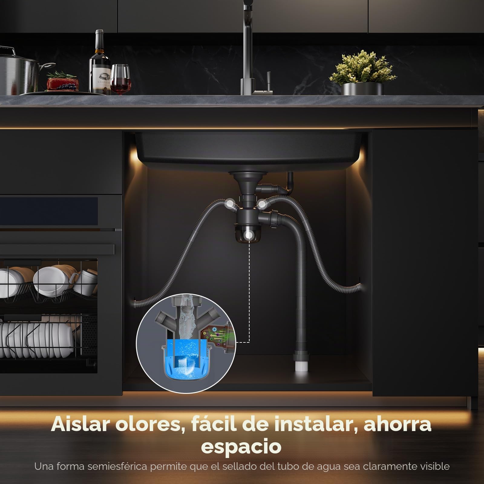 Fregadero de granito negro 70x45 cm con grifo mezclador y juego de ducha extraíble, fregadero de cocina rectangular para mueble bajo de 70 cm, fregadero de cocina con accesorios de drenaje