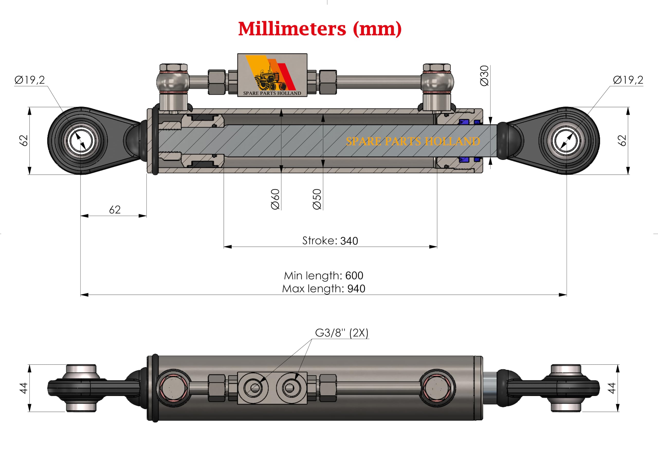 Hydraulischer Oberlenker Kat. 1-1 | 600–940 mm | Mit Sperrblock +2 Hyd.Schläuche