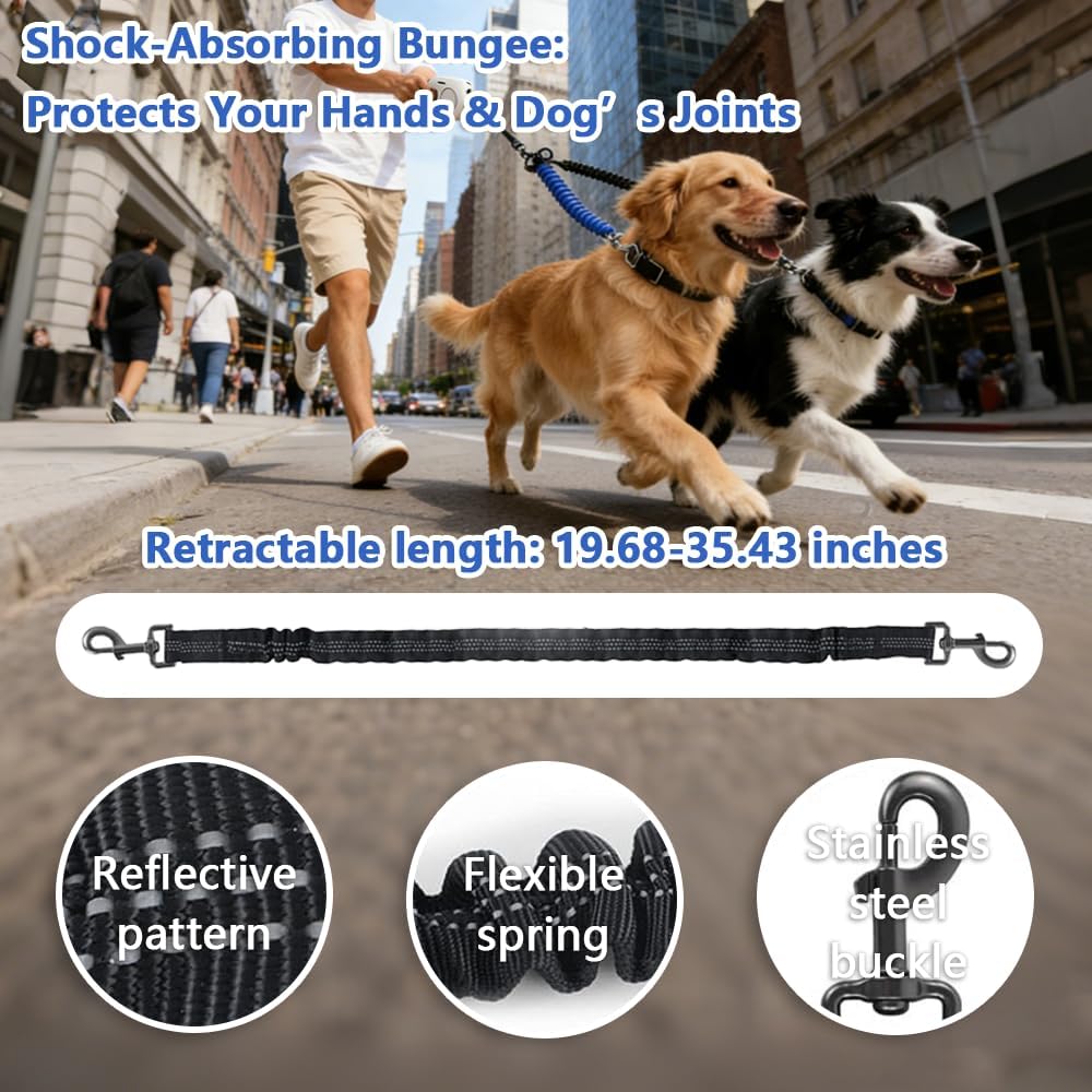 16.4ft Dual Retractable Dog Leash for Small to Large Dogs 25–55 lbs, USB Rechargeable LED Light, 360° Tangle-Free, Detachable Front Lead & Emergency Ready, Reflective Elastic (White)