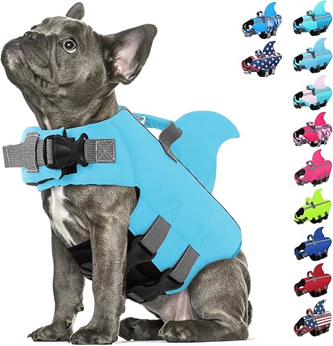SUNFURA Chaleco salvavidas para perros de tiburón, chaleco salvavidas ajustable con alta flotabilidad, salvavidas de seguridad con asa de rescate