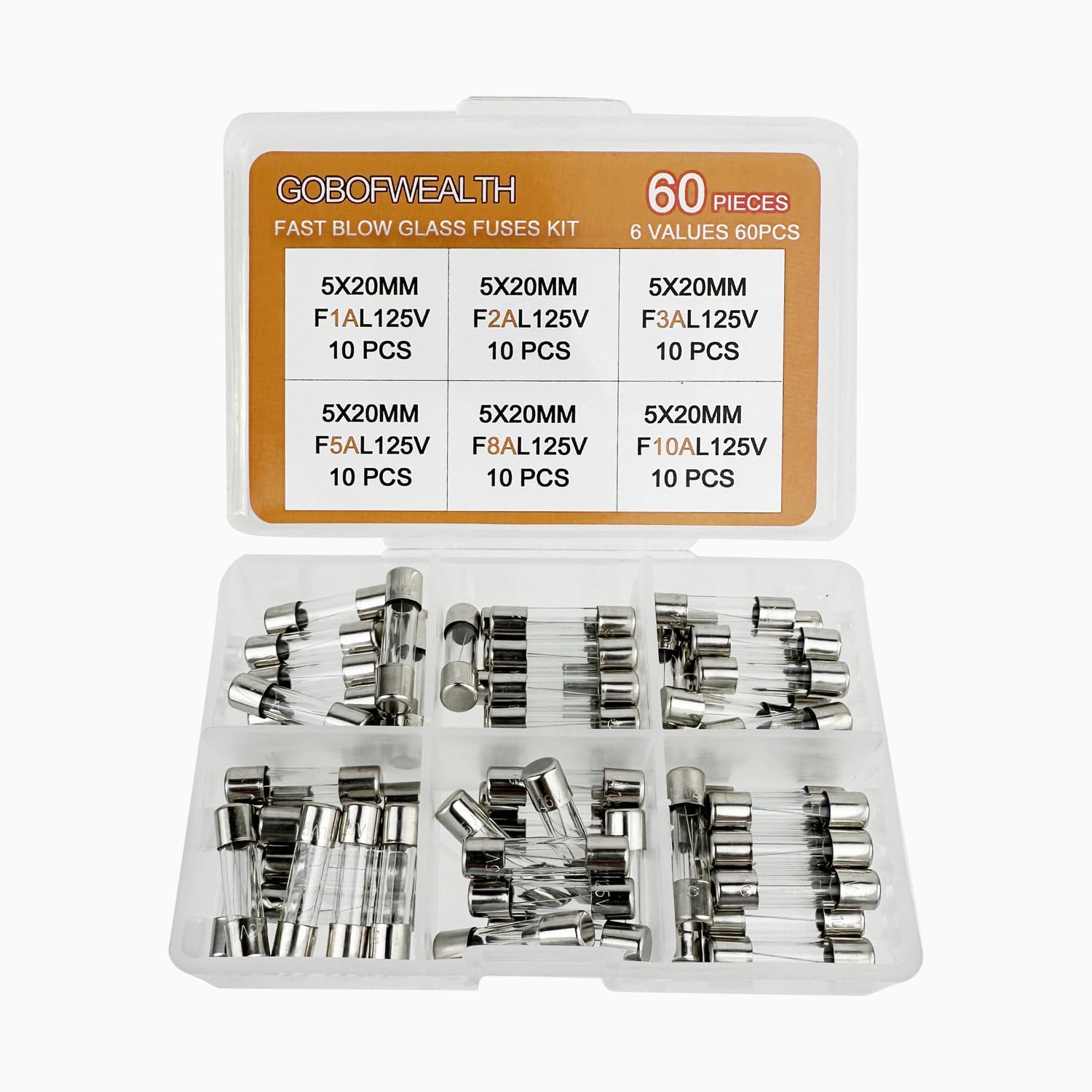 GOBOFWEALTH 125V Fast-Blow Glass Fuse Kit 5x20mm Assortment 1A-10A 6 Models 60PCS Electronics Repair