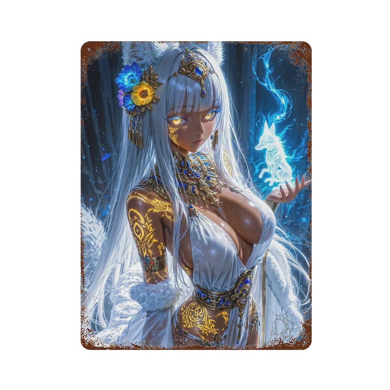 Art Fox Spirit Rust Effect Tin Sign 15.7"x11.8", Farmhouse Wall Decor for Bistro, Counter And Cafe Decor