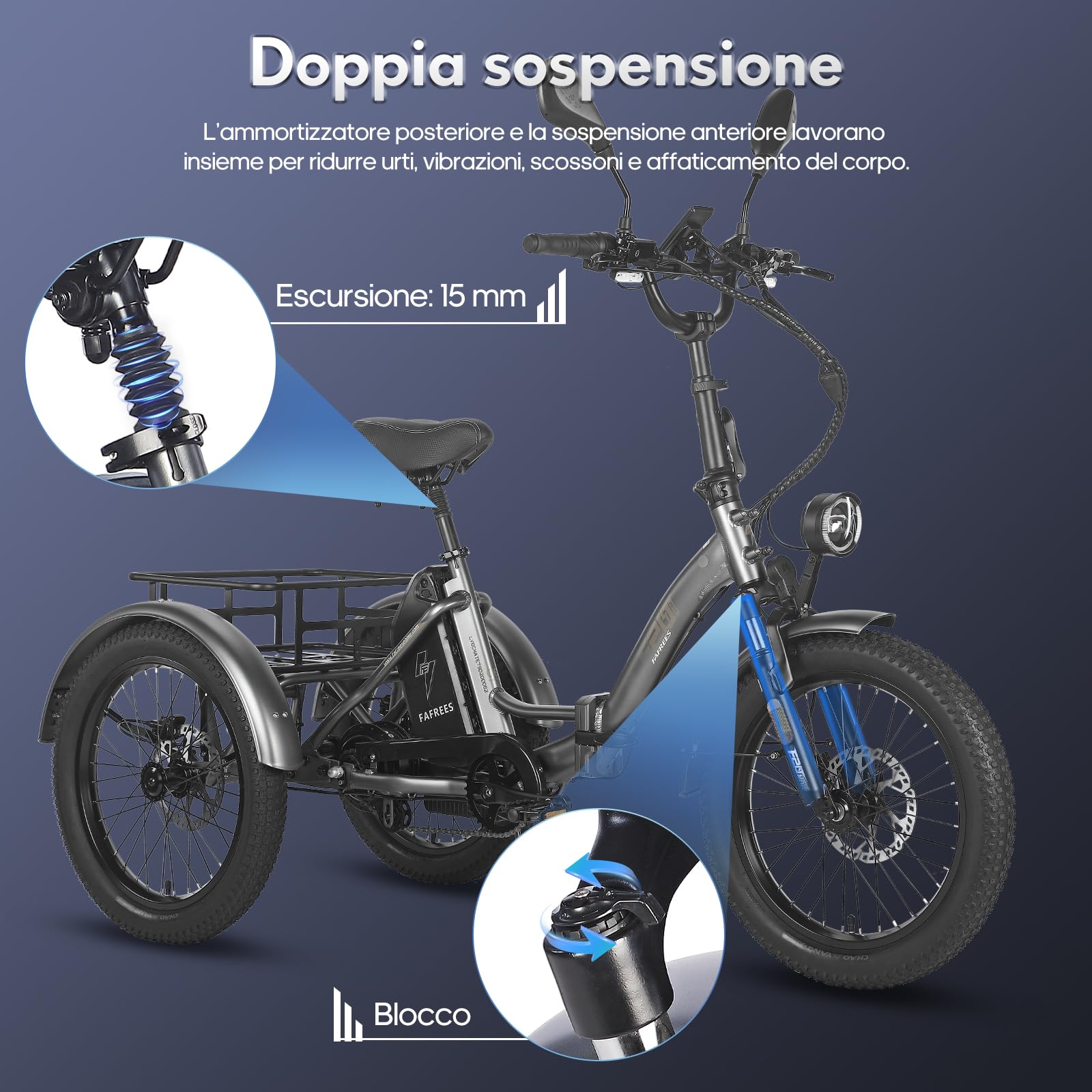 Fafrees F20 MATE - Triciclo Elettrico per Adulti Pieghevole con 75km Autonomia, Motore 65N.m e Freni Idraulici - Bici Elettrica 3 Ruote per Uomo Donna (NERO+post.allarg+cest.ant)