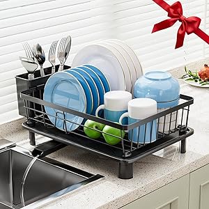 GAOKASE Dish Drying Rack, Stainless Steel-Dish Rack, Dish Racks for Kitchen Counter, Kitchen Dish Drainers with Removable Utensil Holder,New Drain Outlet,Plate Rack and Drainboard,Black