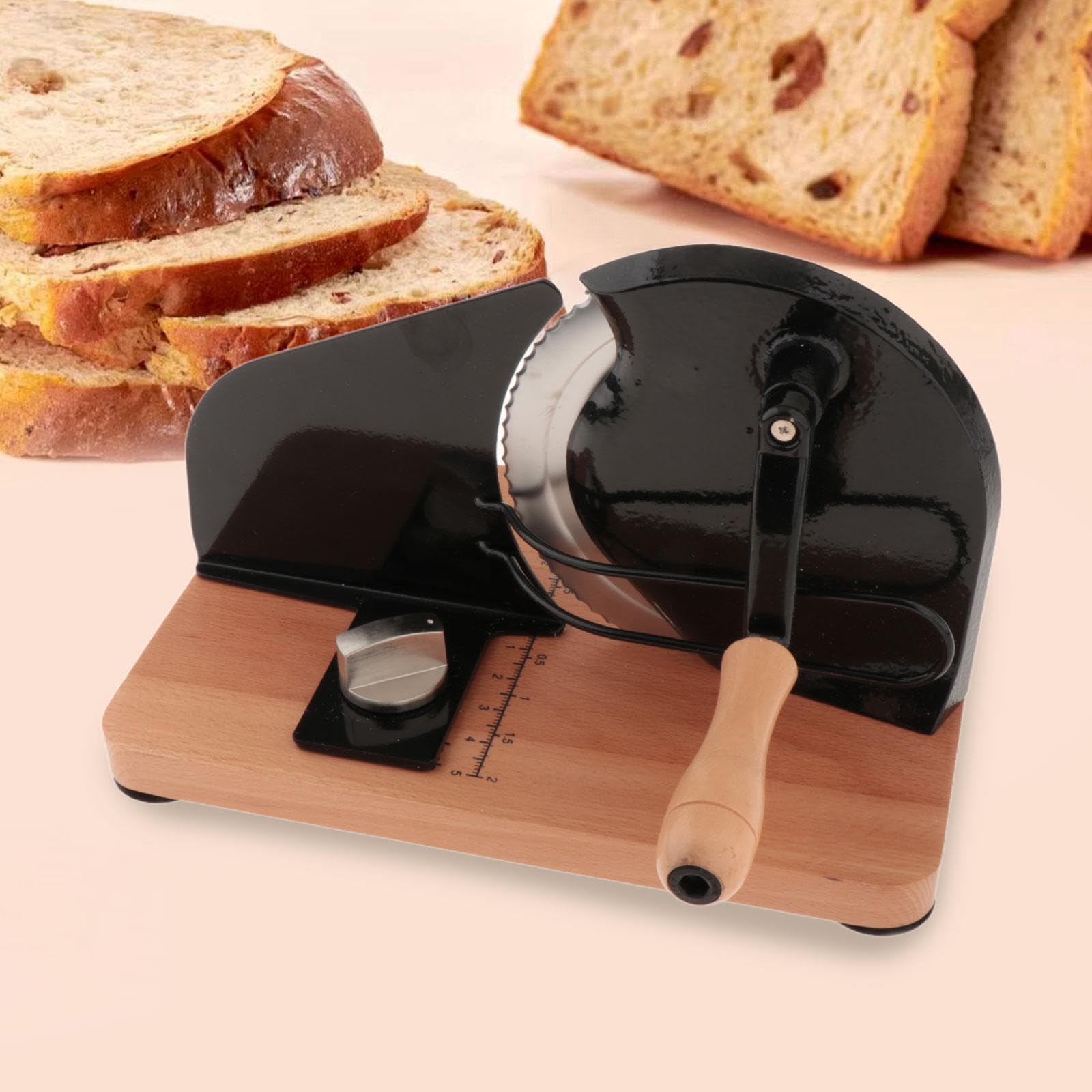 Cortador de Pan Manual Rebanadora Ajustable con Base Antideslizante Escala Incorporada Madera y Acero Inoxidable Adecuado Casero Cocina, Negro, Individual