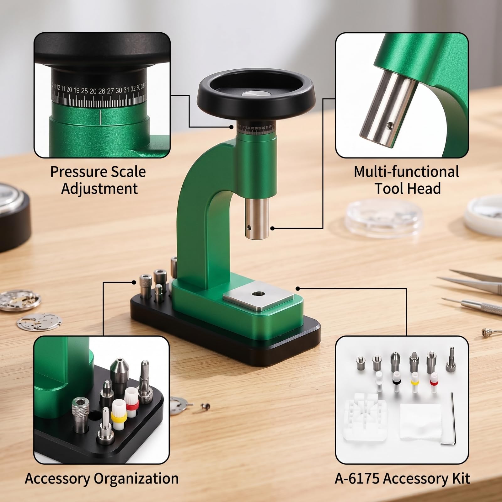 Pressa Riparazione Orologi Pressa Cassa Pressa Vetro Attrezzo Orologiaio Strumento Metallico con Base Stabile E Teste Intercambiabili Adatta per Banco Lavoro Casa Laboratorio, Verde