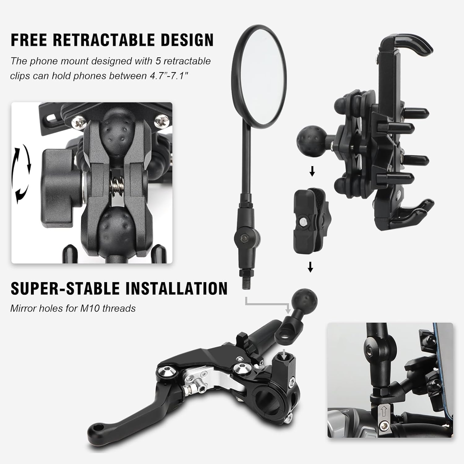 nibbi Motorocycle Phone Mount with Vibration Dampener,Ajustable Rear View Mirror Cell Phone Holder for Motorocyle Fit 4.7''-7.1'' Cell Phone