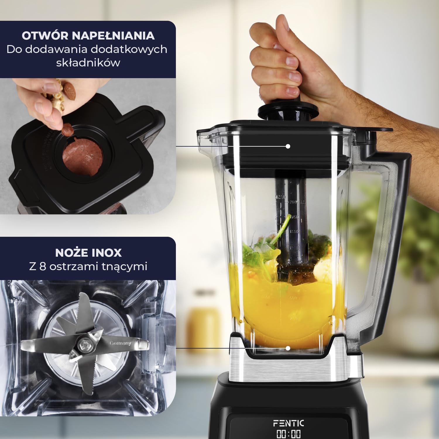 Blender – 2000W – Mocny Mikser – 2 Litry – Blender do Smoothie z 8 Prędkościami i 4 Programami – Mikser do Kruszenia Lodu