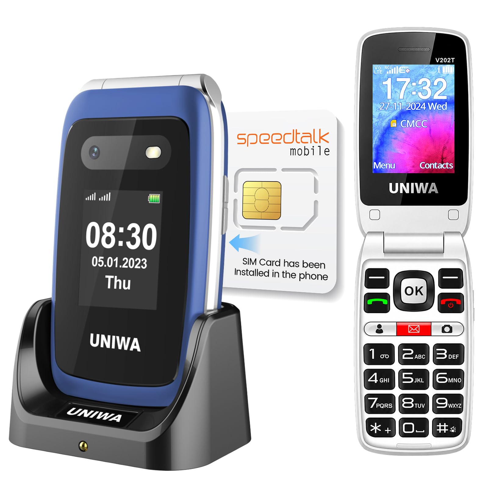 UNIWA V202T 4G Flip Phone Unlocked for Seniors, Basic Cell Phone HD Dual Screen 2.4"+1.77", Speed Dial, SOS Button, Big Fonts, Camera, Bluetooth, FM Radio, 1450mAh Battery with Speedtalk SIM Card-Blue