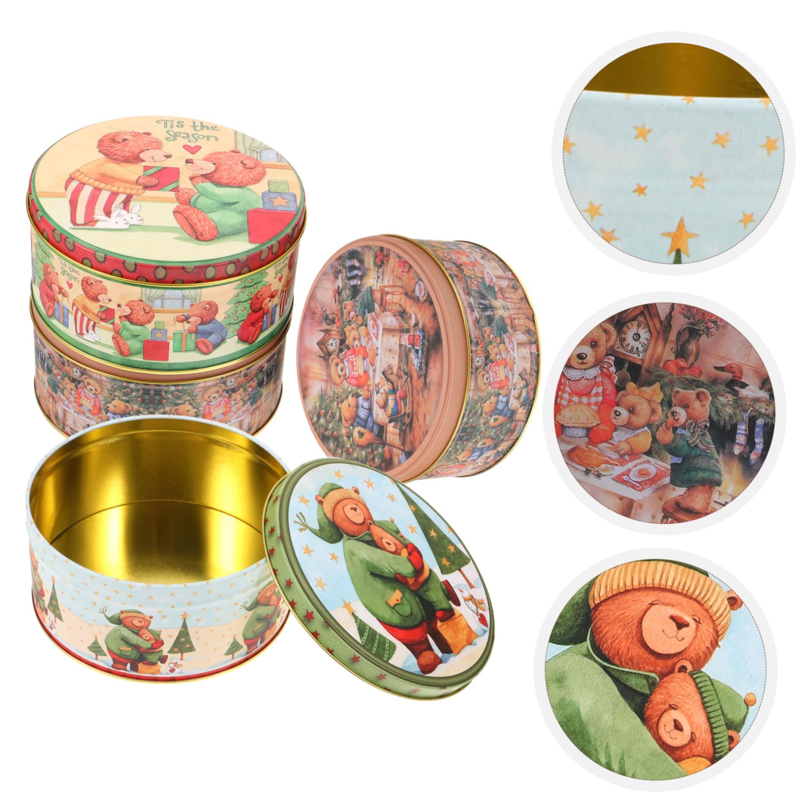 Amosfun 4pezzi Scatole Di Biscotti Natalizie in Lattine Rotonde Coperchio Per Regali Di Natale e Capodanno Design Orsetti Festivi