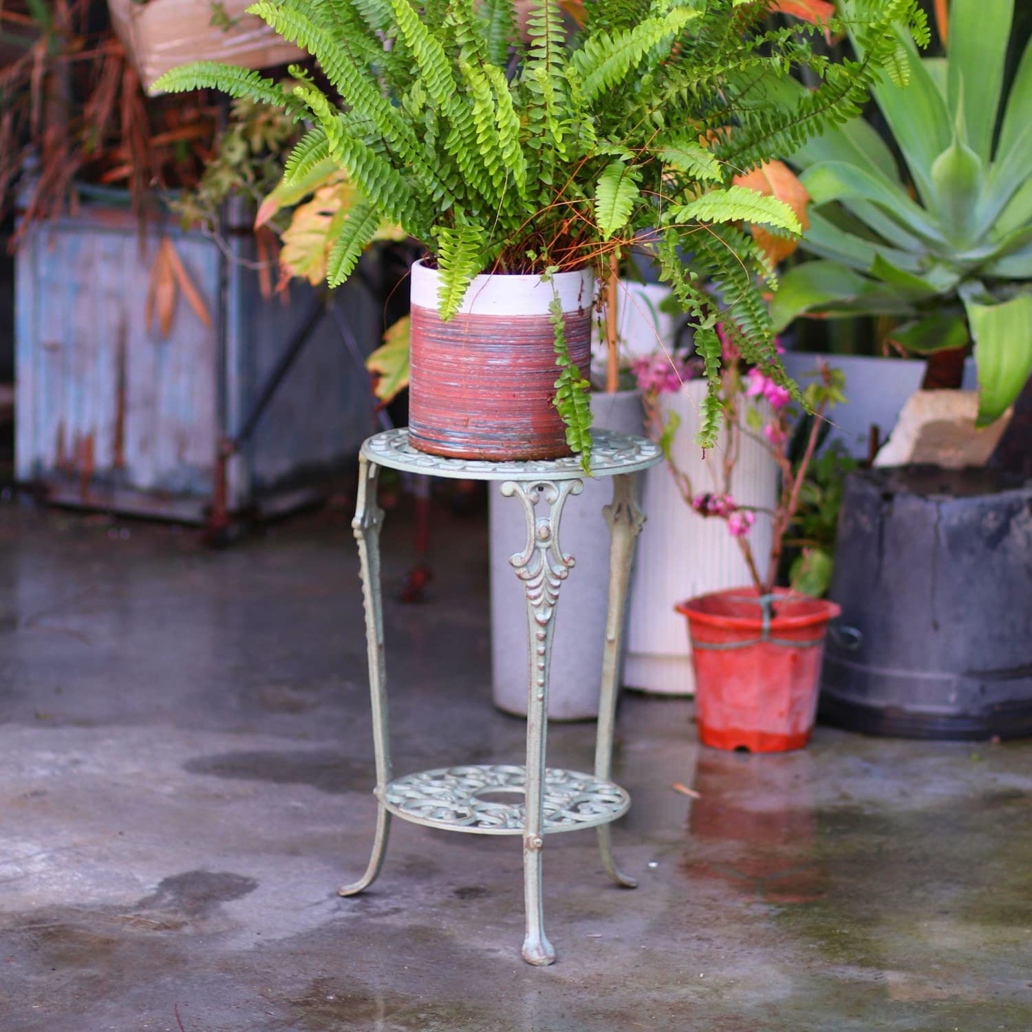 Mesas auxiliares retro resistentes al óxido para exteriores, mesas de centro pequeñas para patio, mesa auxiliar redonda de metal con doble capa, perfectas para porche, patio, balcón, terraza,