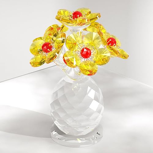 Enjinkail Figuras de flores de cristal amarillas, decoración de escritorio para el hogar, regalos de ramo de flores de cristal, adorno de
