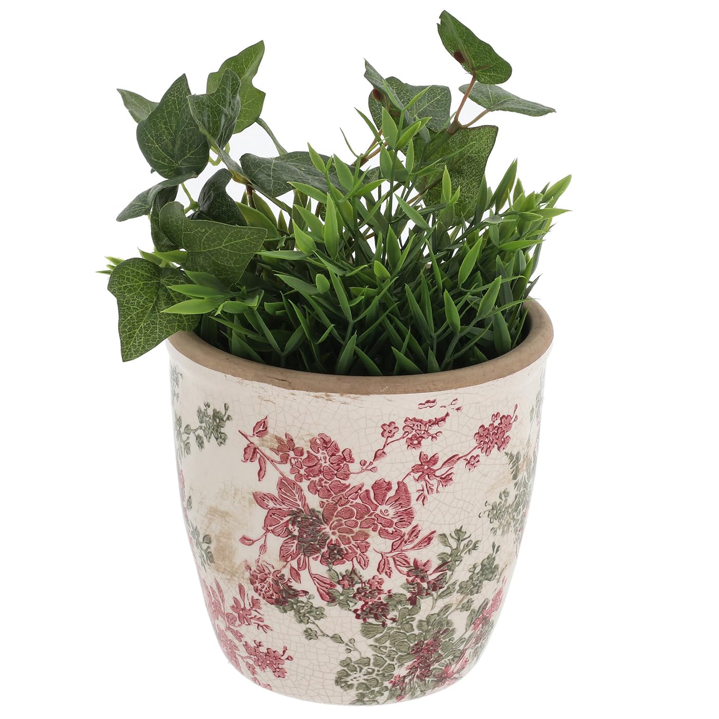 Shudehill Giftware Pink, Green, Cream Misty Collection Large Ceramic Planter, Pink Floral Crackle Glaze Garden Plant Pot