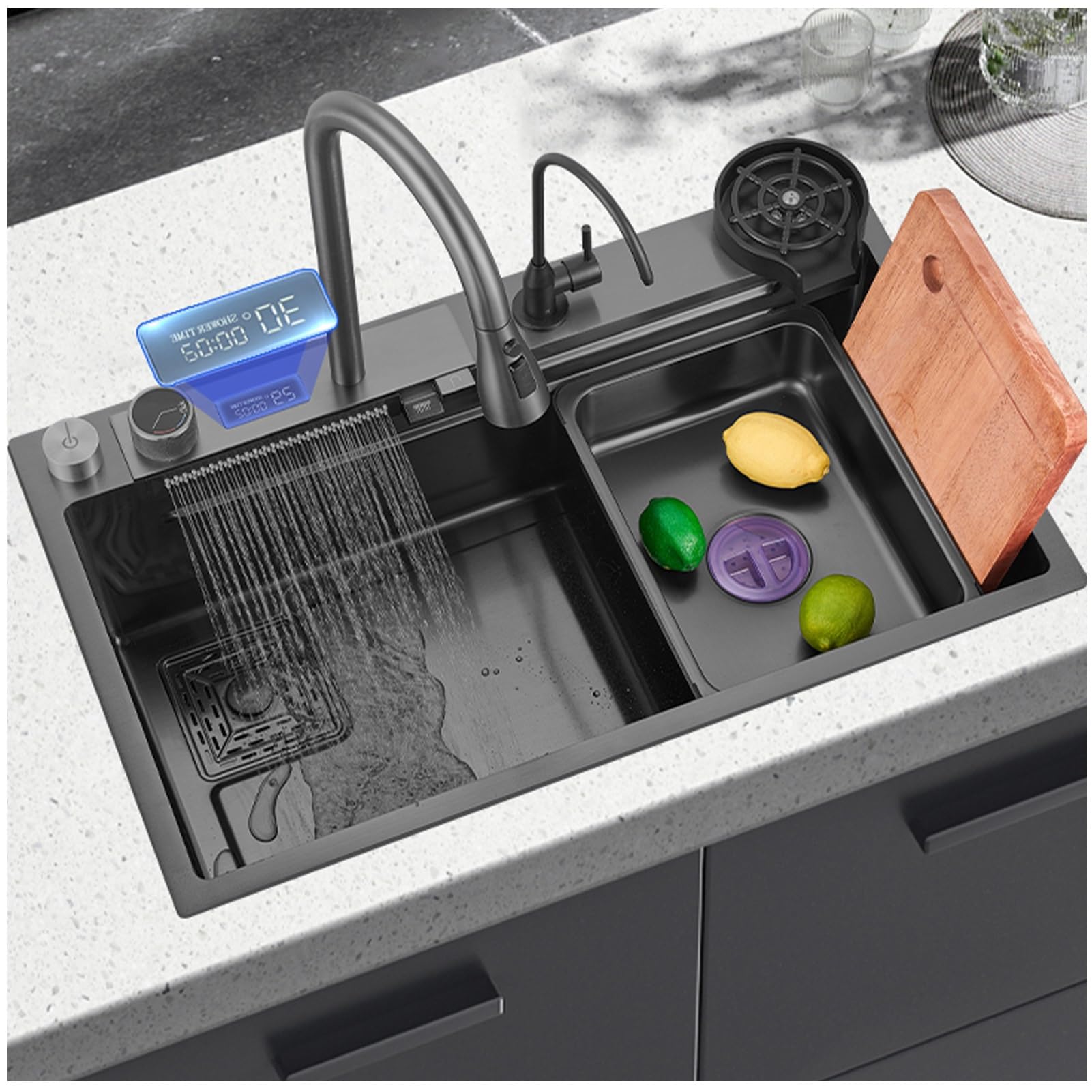 CZYWKDDPP Digital Display Rain Waterfall Faucet, 304 Stainless Steel Drop In Top Or Under Mount (Color : Grey A, Size 75x46cm)