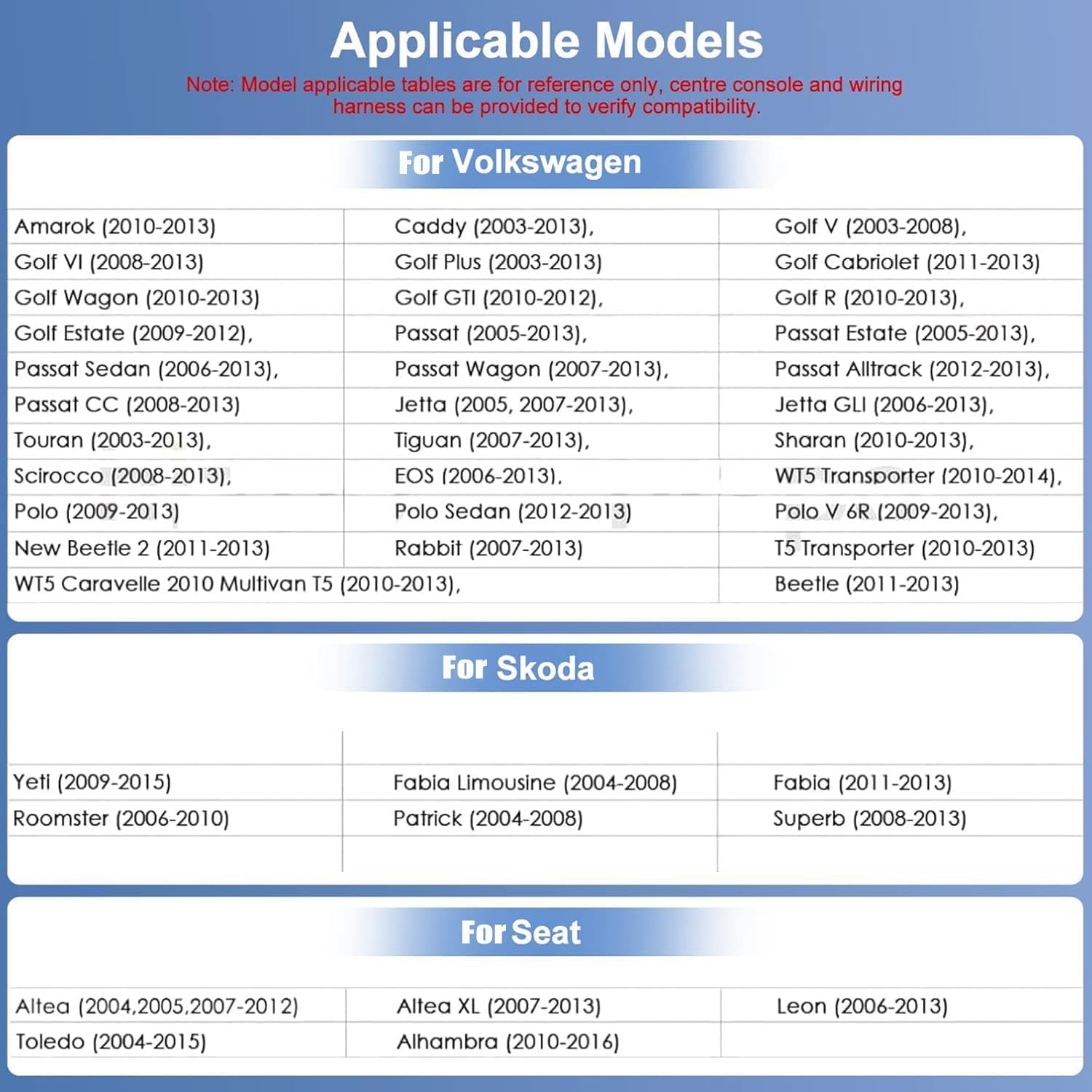 Table listing applicable car models for Volkswagen, Skoda, and Seat, including various Golf, Passat, Jetta, Fabia, and Altea models with their respective year ranges.