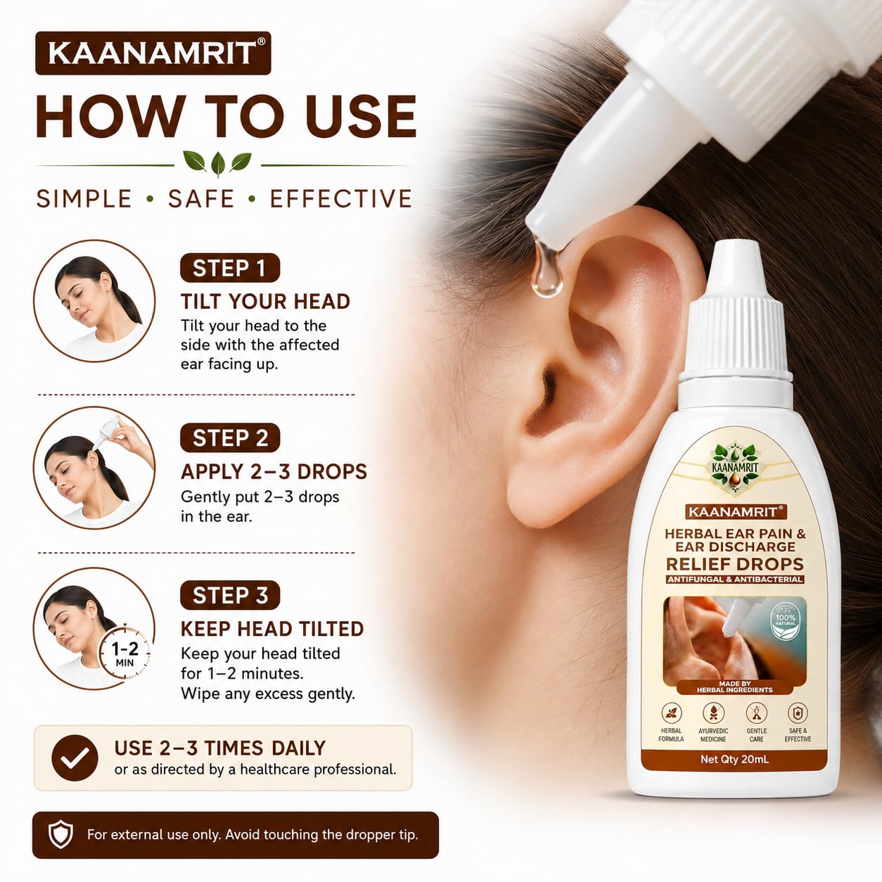 Herbal Ear Drops for Ear Pain & Ear Discharge Care | Ayurvedic Ear Care Oil with Neem, Tulsi, Haldi, Ajwain & Kapoor | Natural Herbal Formula | Daily Ear Hygiene Support | 20 ml (PACK OF 2) — Amazon image 6