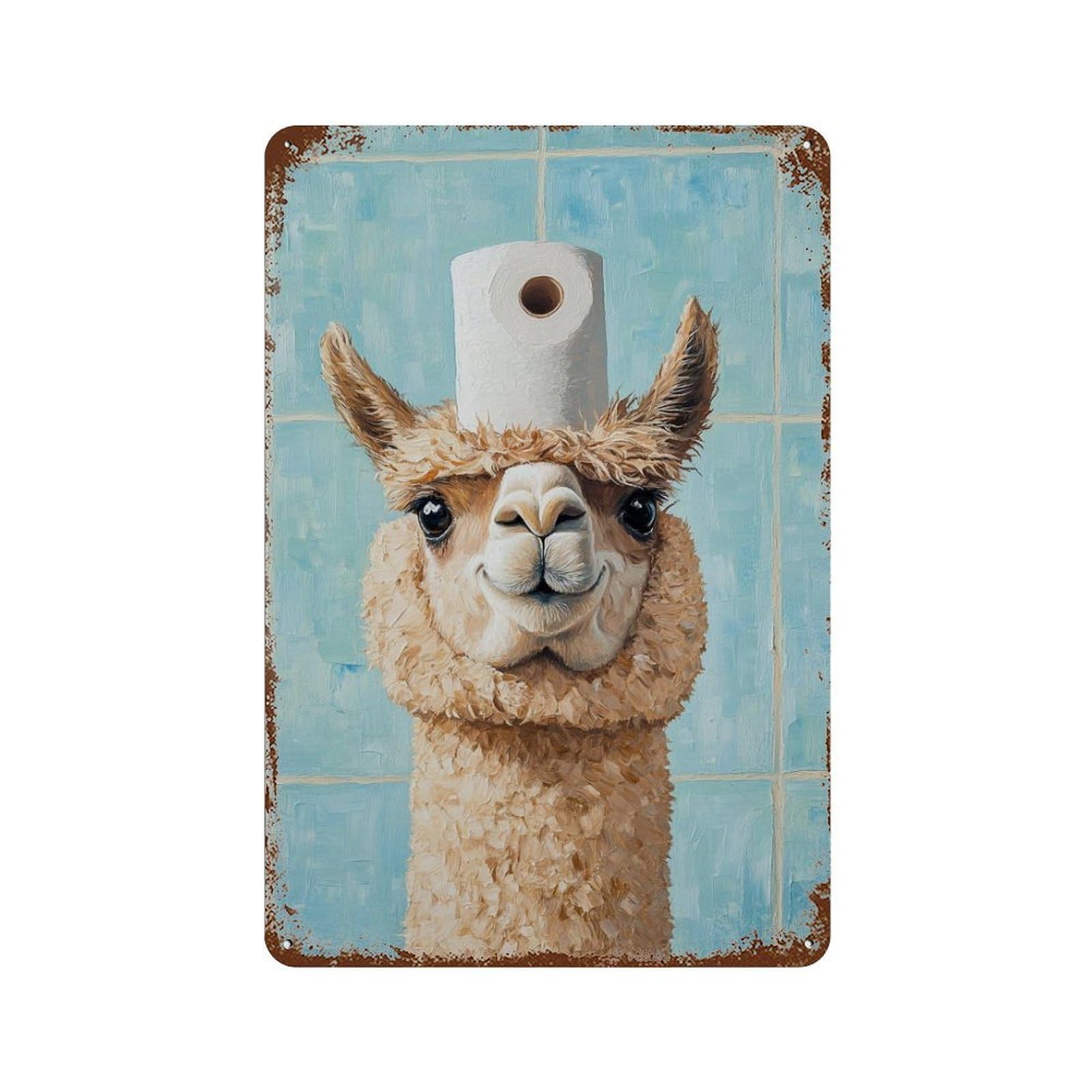 Llama with Toilet Paper Hat 11.8"x7.9" Weathered Tin Sign, Shabby Chic Decor for Farmhouse, Kitchen And Entryway Decor