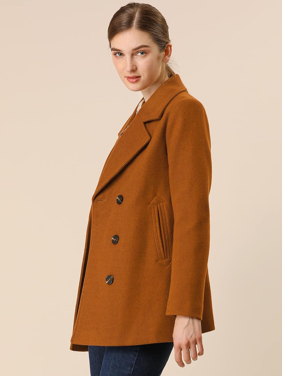 Allegra K Women's Winter Coats Long Sleeve Lapel Mid-thigh Outerwear Double Breasted Pea Coat - Image 4