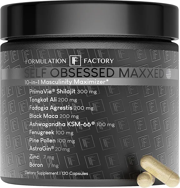 Self Obsessed MAXXED: 10-in-1 Men's Vitality Formula with Shilajit, Tongkat, Ashwagandha, Maca, Fadogia, Fenugreek, Pine Pollen, Zinc, Boron & AstraGin® - 120 Capsules – 2-Month Supply (1 Pack)