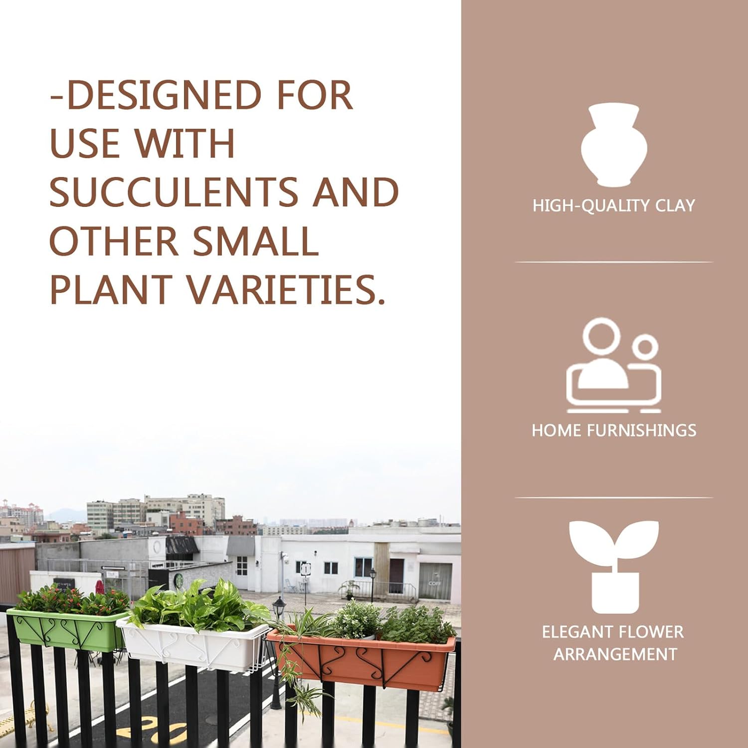 Fence Flowerpot Rack with Plastic Planter Box, Balcony Plant Stand for Multiple Flower Pots, White Pot with Black Iron Frame, Outdoor Garden Plant Display Holder