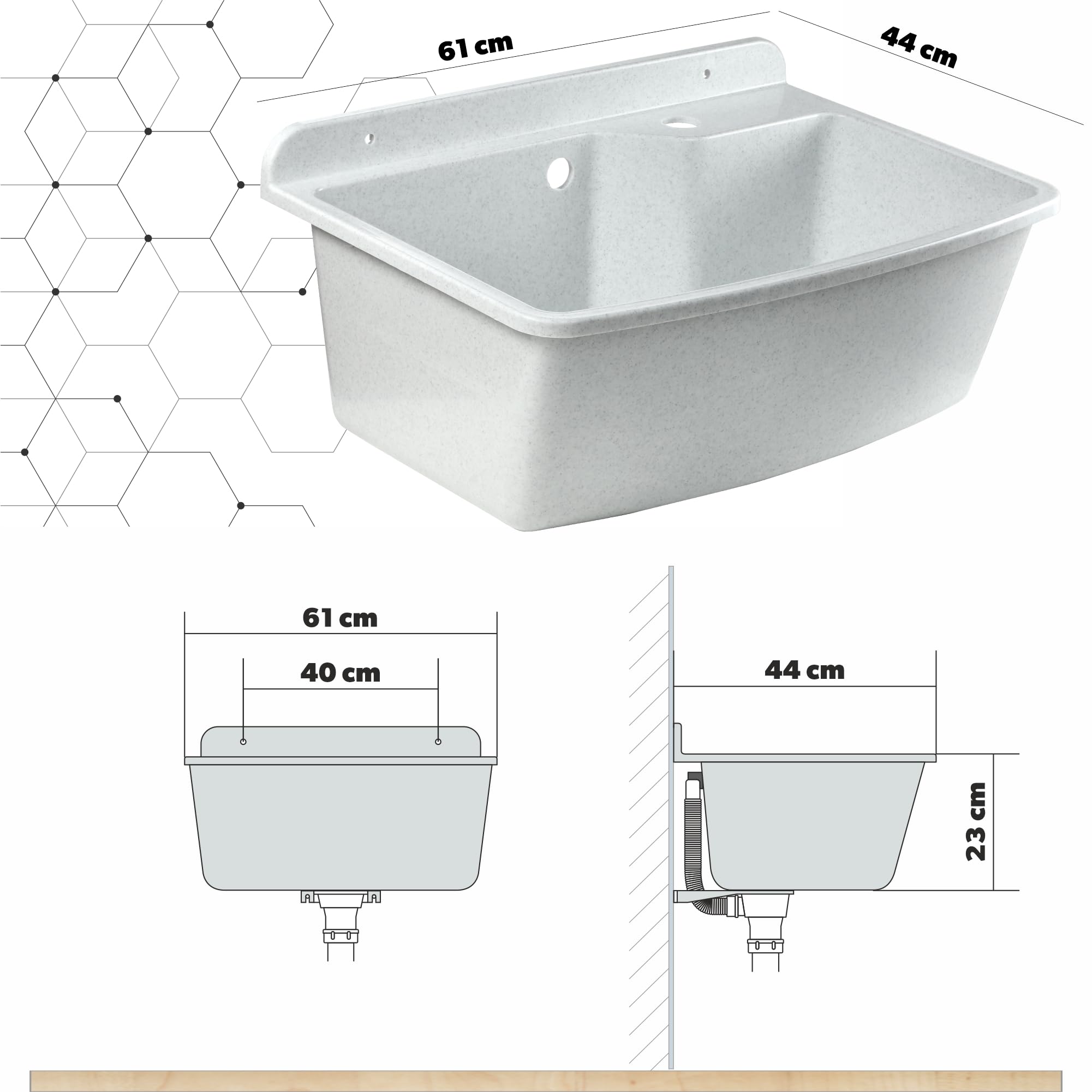 GOSPO Fregadero con grifo de pie, lavabo 61 cm x 44 cm x 23,5 cm, lavabo con rebosadero y sifón, incluye accesorios, color blanco