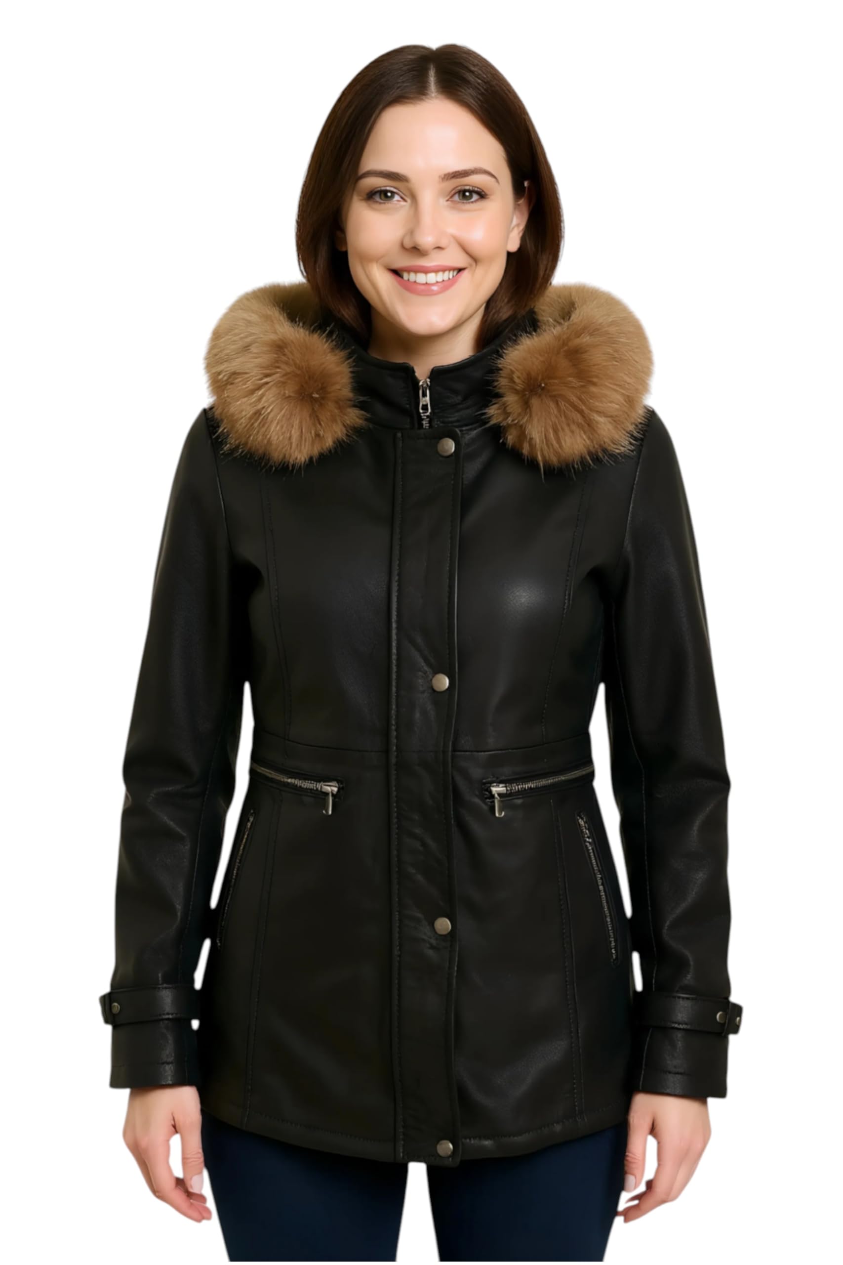 Women’s Real Leather Parka Jacket – Detachable Fur-Lined Hood Trench Coat