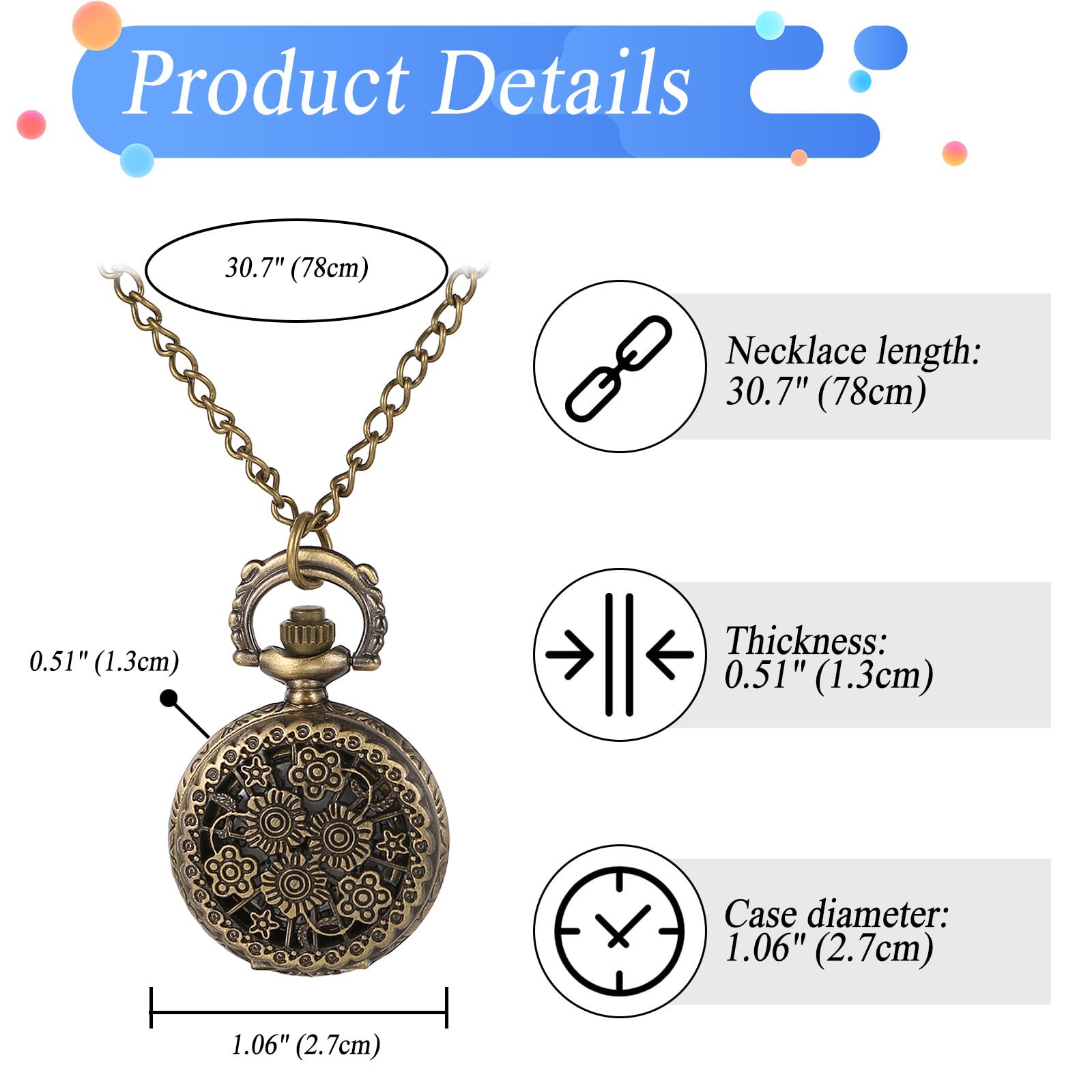 JewelryWe Orologio da taschino vintage da donna, scheletro, uccello, farfalla, fiore, collana con ciondolo analogico al quarzo, con catena da 78 cm, per Natale