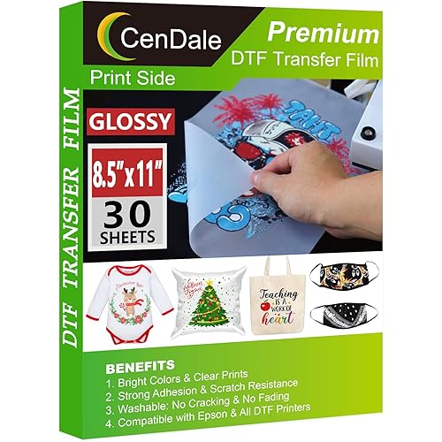 CenDale 𝐏𝐫𝐞𝐦𝐢𝐮𝐦 DTF Transfer Film 8.5"x11" - 30 Sheets Single-Sided 𝐆𝐥𝐨𝐬𝐬𝐲 Clear PreTreat Sheets PET Heat Transfer Paper for DIY Direct Print on All Fabric and Colors T-Shirts Textile