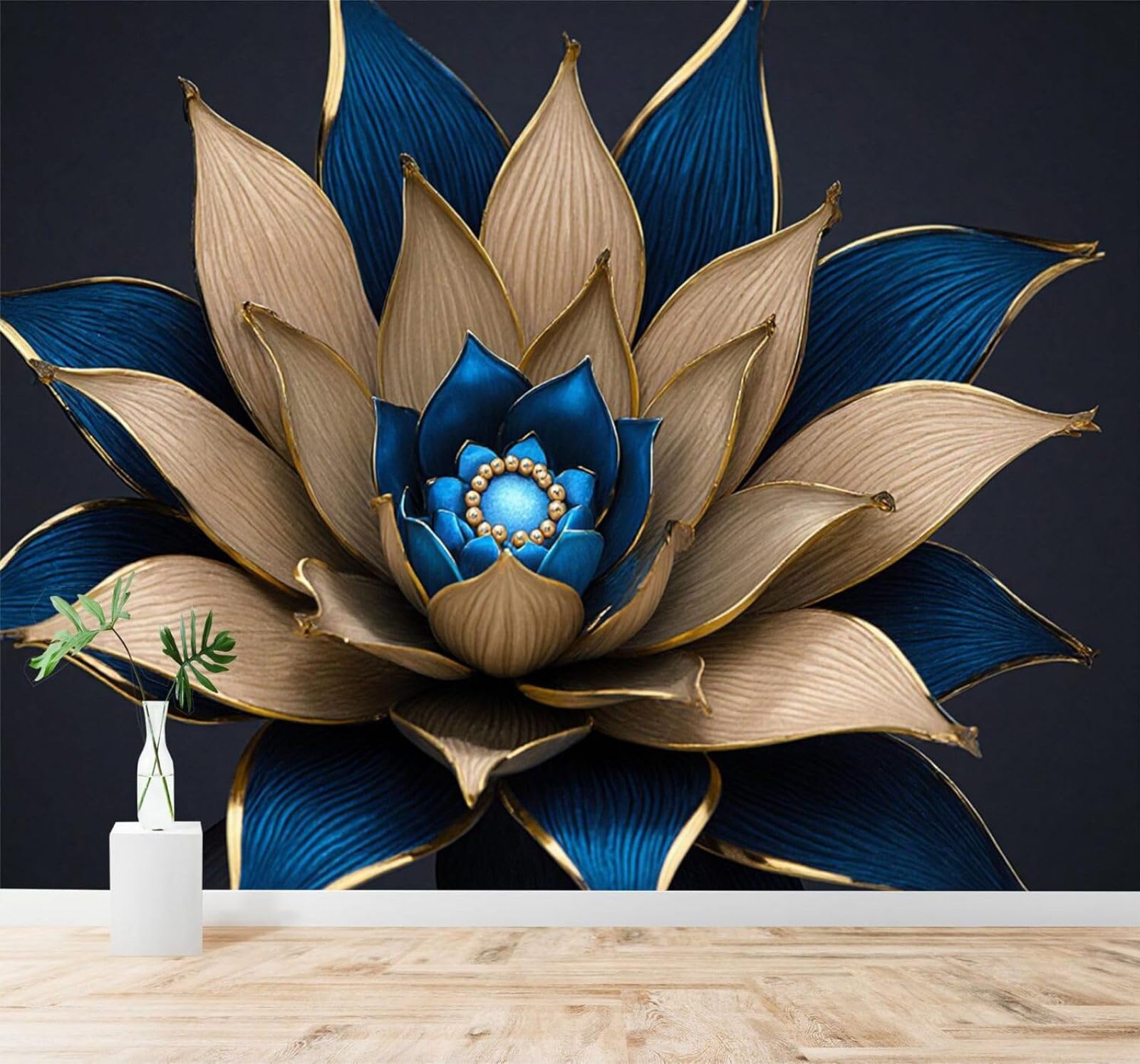 XLMING Minimalist Elegant Blue and Gold Lotus Petals 3D Wallpaper Silky Texture Home Study Office Grey Dining Room Sofa Bedroom Living Room TV Backdrop-250cm×170cm