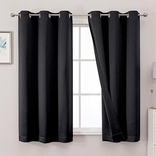 OWENIE Cortinas opacas de color negro total de 63 pulgadas de largo, 2 paneles para dormitorio, sala de estar, aislamiento térmico sólido,