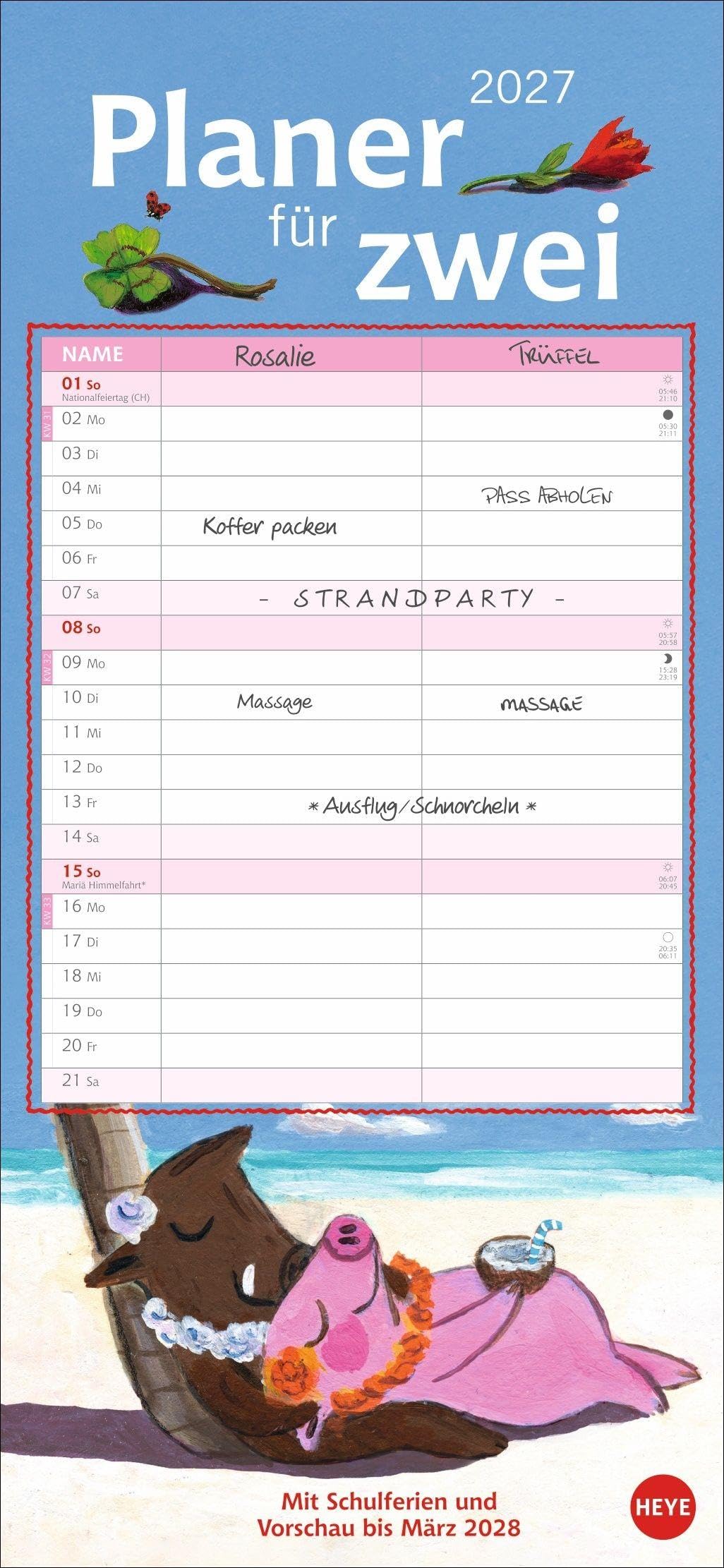 Rosalie & Trüffel Planer für zwei 2027: Wandplaner für 2. Partnerkalender mit 2 Spalten. Terminkalender mit niedlichen Illustrationen des bekannten Schweine-Duos. Wandkalender für 2 Personen