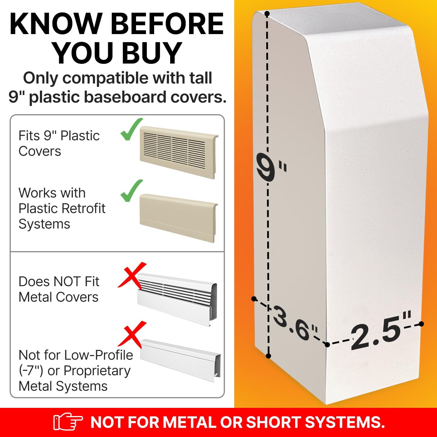 [2 Pack] TALL End Caps For Oversized Baseboard Heater Covers - 9 Inch Tall Plastic Left & Right End Cap - Fits Most Large & Oversized Baseboard Heaters - Can Trim For Exact Size - Gas Heaters Only