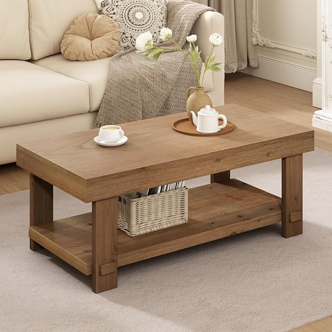 Solid Wood Coffee Table - 42.5" Farmhouse Rectangle Coffee Table