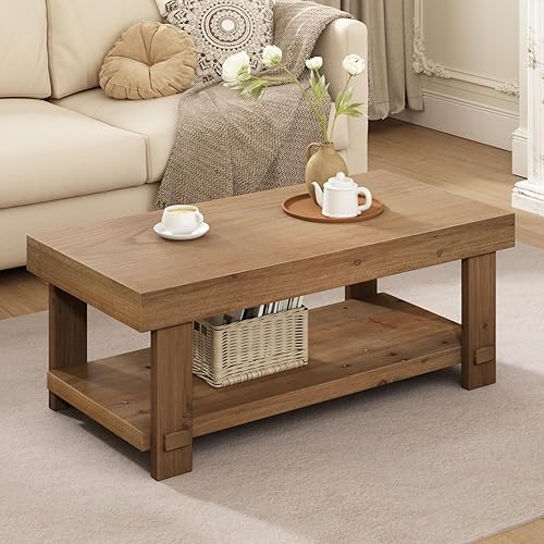 Solid Wood Coffee Table - 42.5" Farmhouse Rectangle Coffee Table Thickened Firwood Tabletop with Ash Veneer Finish, Center Tables with Storage Shelf for Living Room, Natural