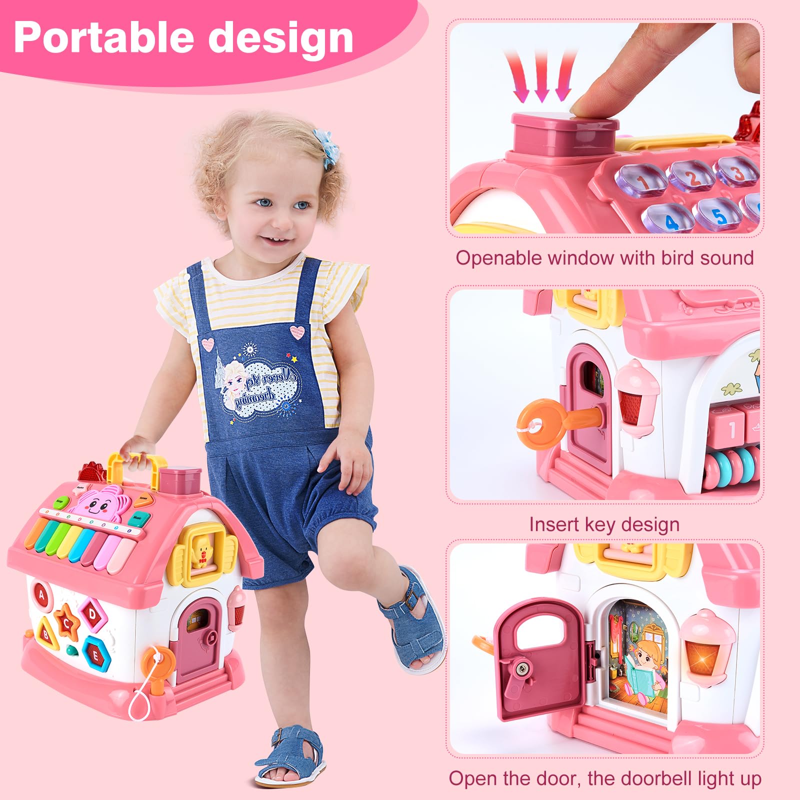 Juguetes Montessori para niñas de 1 año, regalo de cumpleaños para niña de 1 año, casa de aprendizaje musical rosa 8 en 1 con música ligera y sonora, regalos creativos para bebés de 12 a 18 6