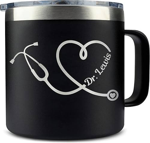 Hyturtle Taza de 14 onzas grabada con láser personalizada con tapa, estetoscopio, RN, regalo de enfermera, asistente de enfermera, latido del