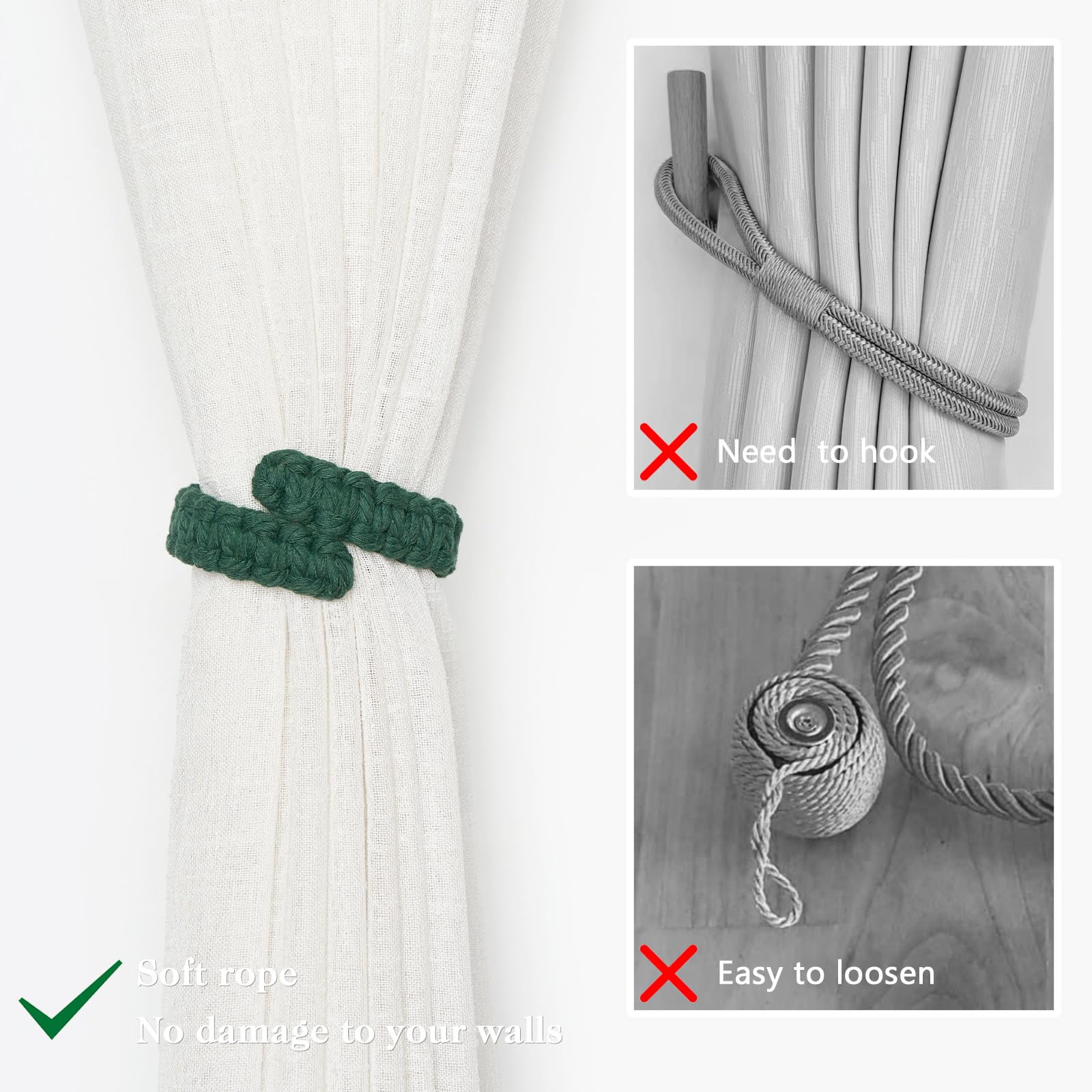 Pretty Jolly 4 Pack Natural Cotton Rope Curtain Tiebacks Farmhouse Rustic Style Decorative Drape Tie Backs Handmade Braided Curtain Holdbacks for Home Sheer/Light Weight Drapery (C-Dark Green-S) - Image 2