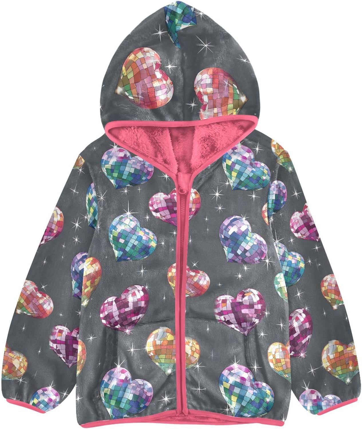 Girls Hoodie Outfit Colorful Heart-shaped Pattern Zipper Sweatshirt Coat Fleece Jacket for Kids 3-10T
