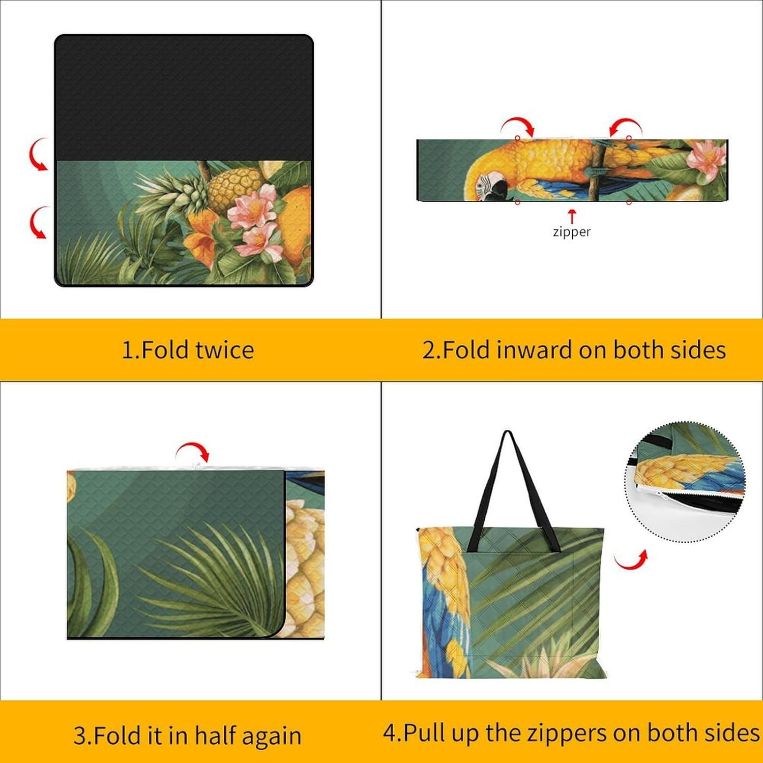 Summer Parrot Pineapple Bird Picnic Blanket 200x200cm, Foldable 2-in-1 Picnic Mat and Tote Bag Portable Waterproof Beach Mat Sandproof Outdoor Blanket for Park, Hiking, Beach, Camping, Travel