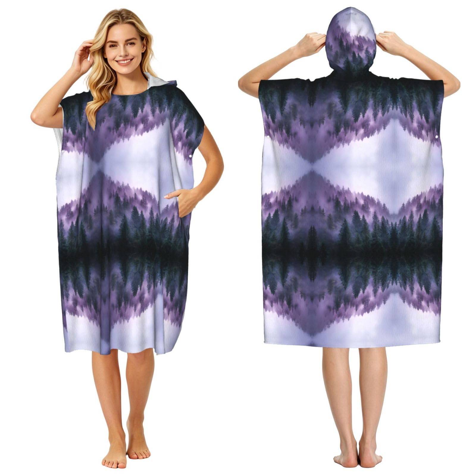 EZDLOWVBA Morning Mist Forest Print Hooded Poncho Microfiber Beach Towel,Adult Women & Men Changing Robe,Lightweight Summer Surf Swim Bath Poncho Towel