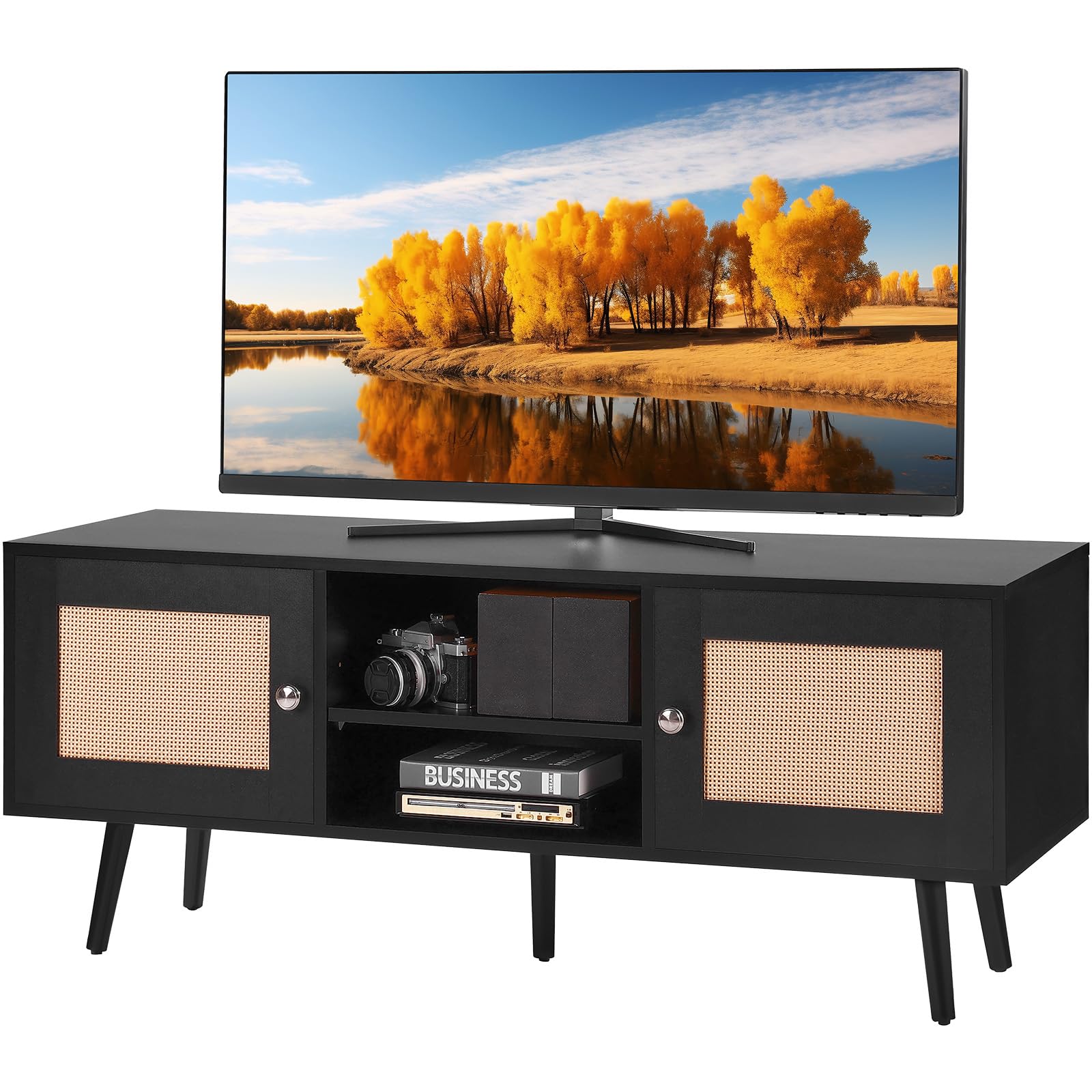 VEVOR Rattan-TV-Ständer, Fernsehschrank Boho-TV-Schrank für 140 cm Fernseher, Retro-TV-Ständer, Rattan-TV-Konsole mit verstellbaren Regalen & 2 Türen, für Wohnzimmer, Medienraum, Schwarz