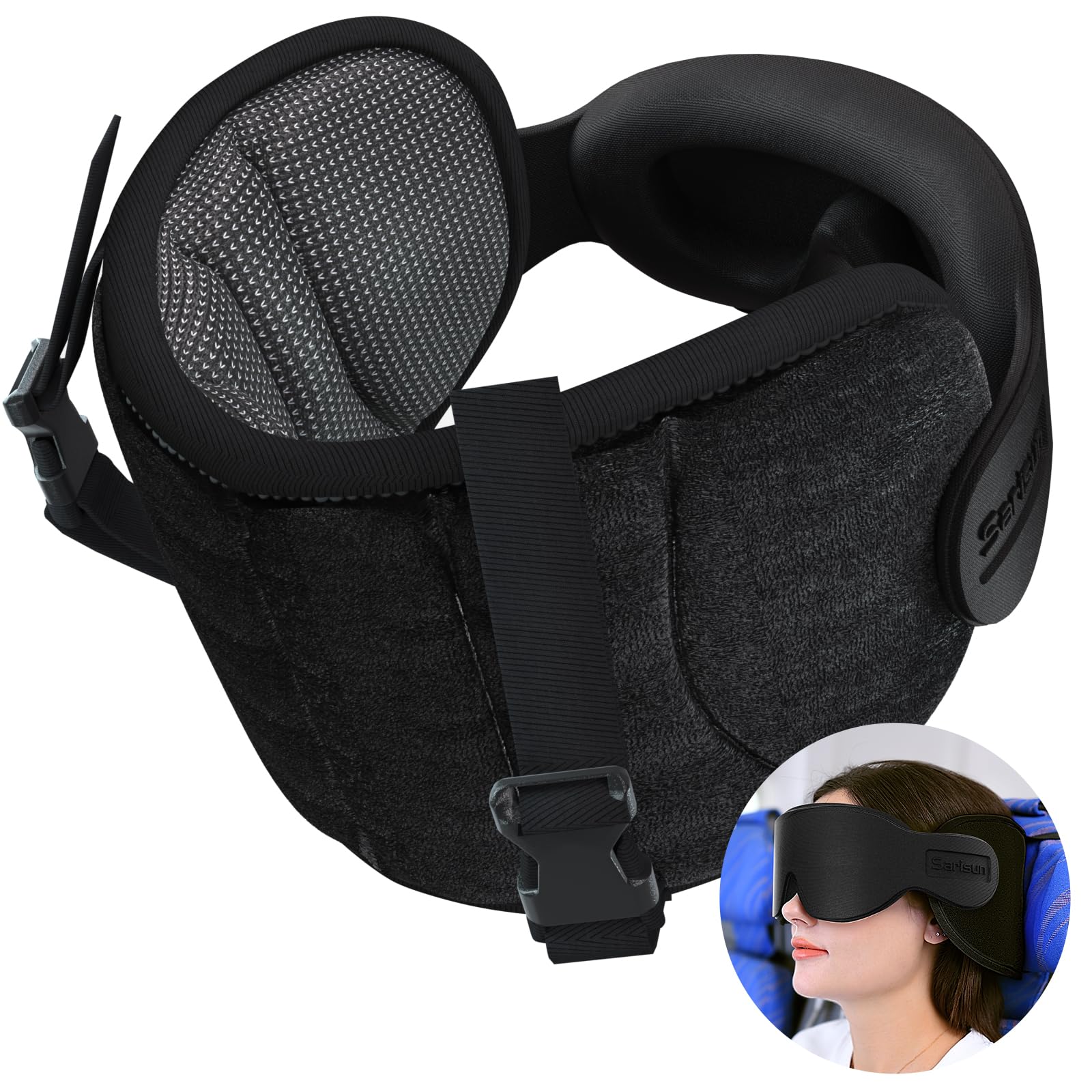 SARISUNTravel Pillows for Airplanes, Airplane Pillow for Long Flight Car Road Trip, Airplane Head Strap with Sleep Eye Mask, 360° Support Headrest, Stop Bobblehead Travel Neck Pillow, Mottled BlackClimatePartner certified