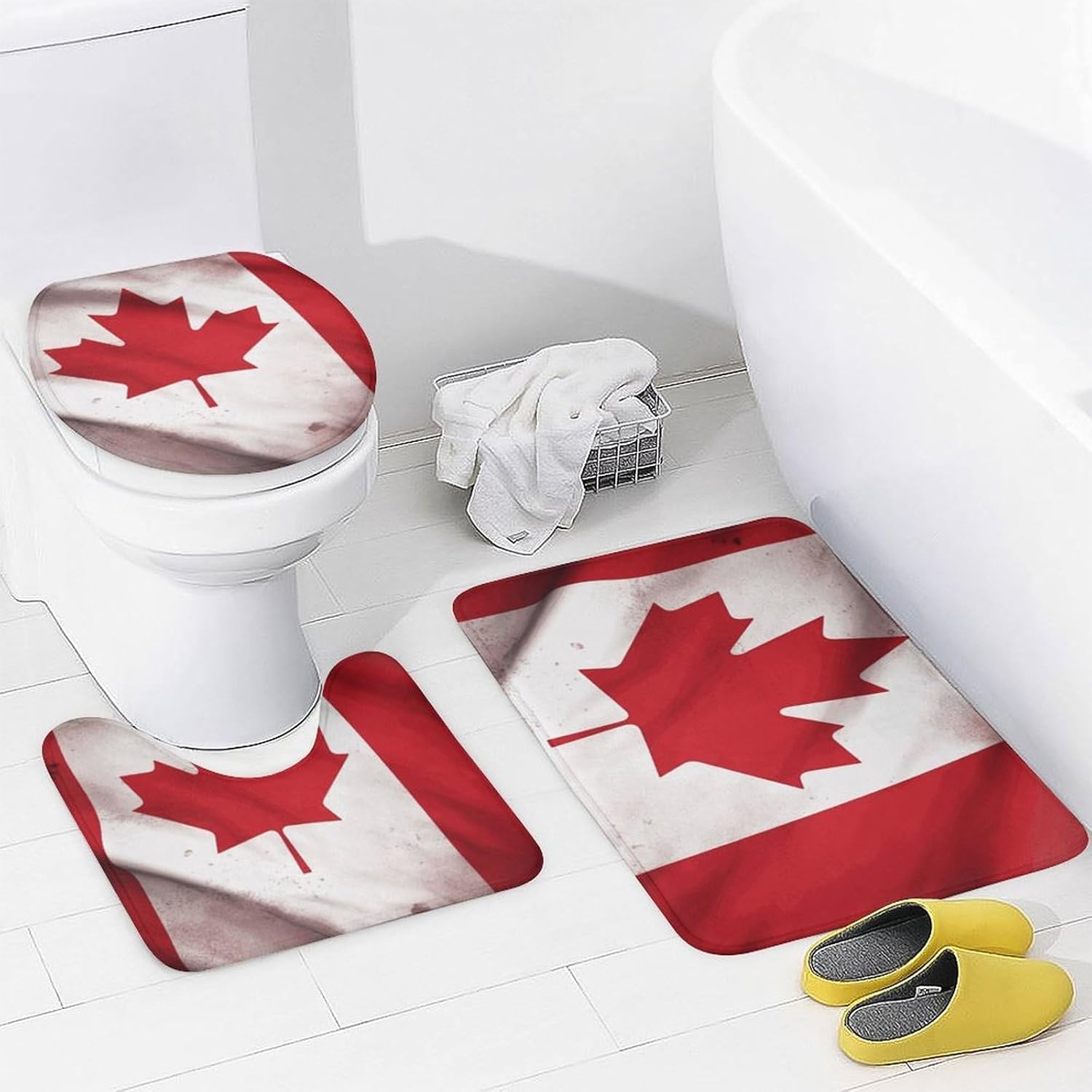Canadian Flag Shower Curtain Set 4 Piece, Non-Slip Bath Mat with Toilet Lid Cover and Waterproof Shower Curtain with 12 Hooks, Complete Bathroom Set for Home Decor